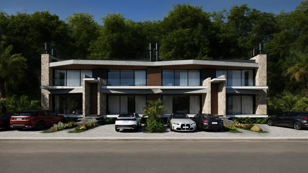 Renderização arquitetônica de um conjunto residencial contemporâneo com casas de dois pavimentos, fachadas em pedra, madeira e vidro, varandas amplas e veículos estacionados em frente, com vegetação e palmeiras ao fundo sob céu azul.